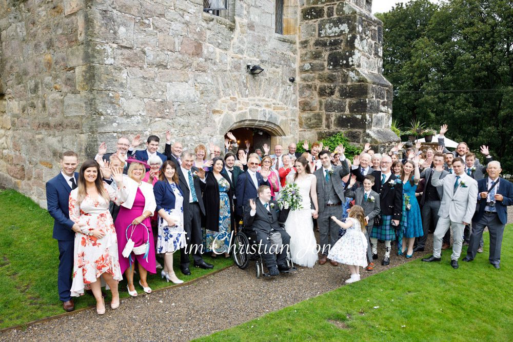 Full wedding group photo at The Priests House, Barden Tower.