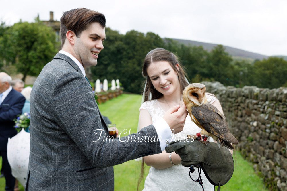 Groom stroking owl held by bride on their wedding day at Barden Tower.