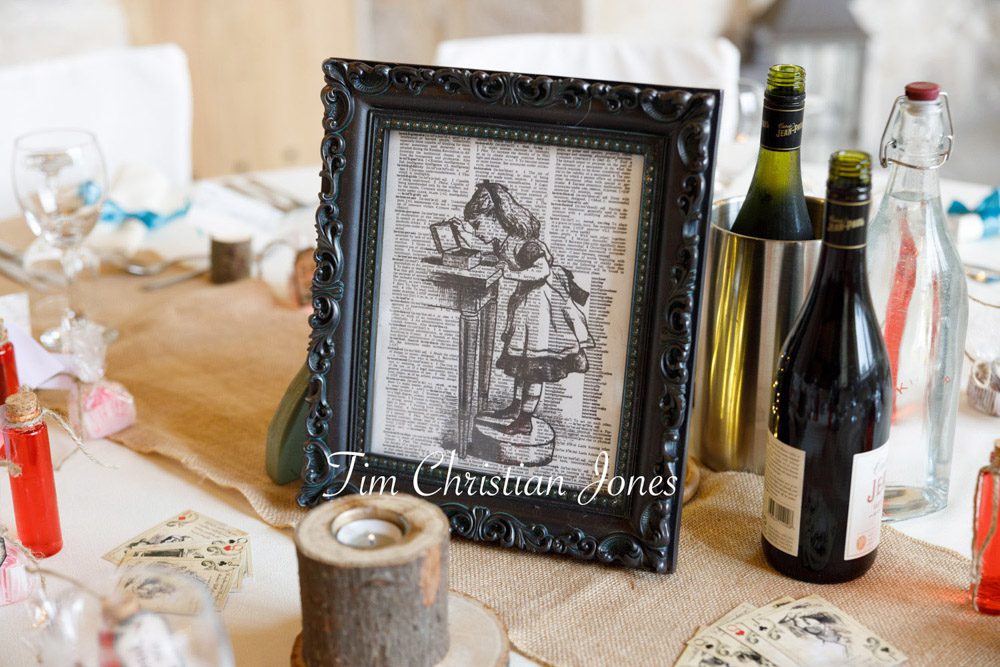 Creative Alice in Wonderland wedding centerpiece at Barden Tower.