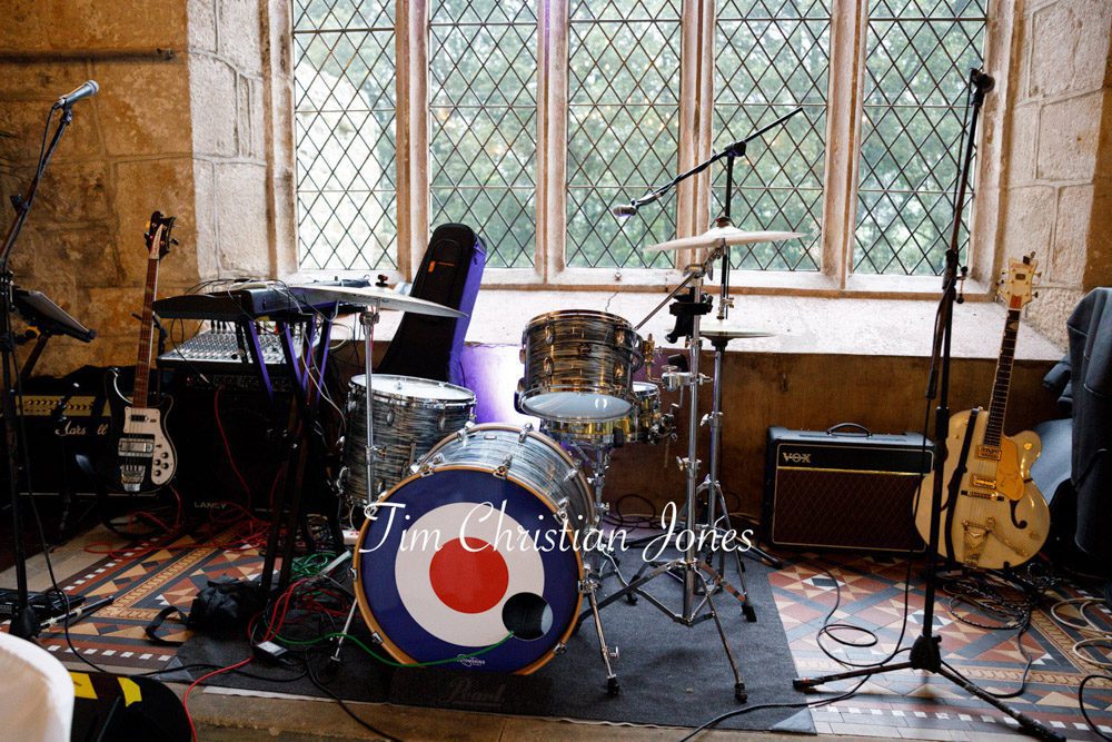 The wedding band's instruments set up ready for the evening at The Priests House.